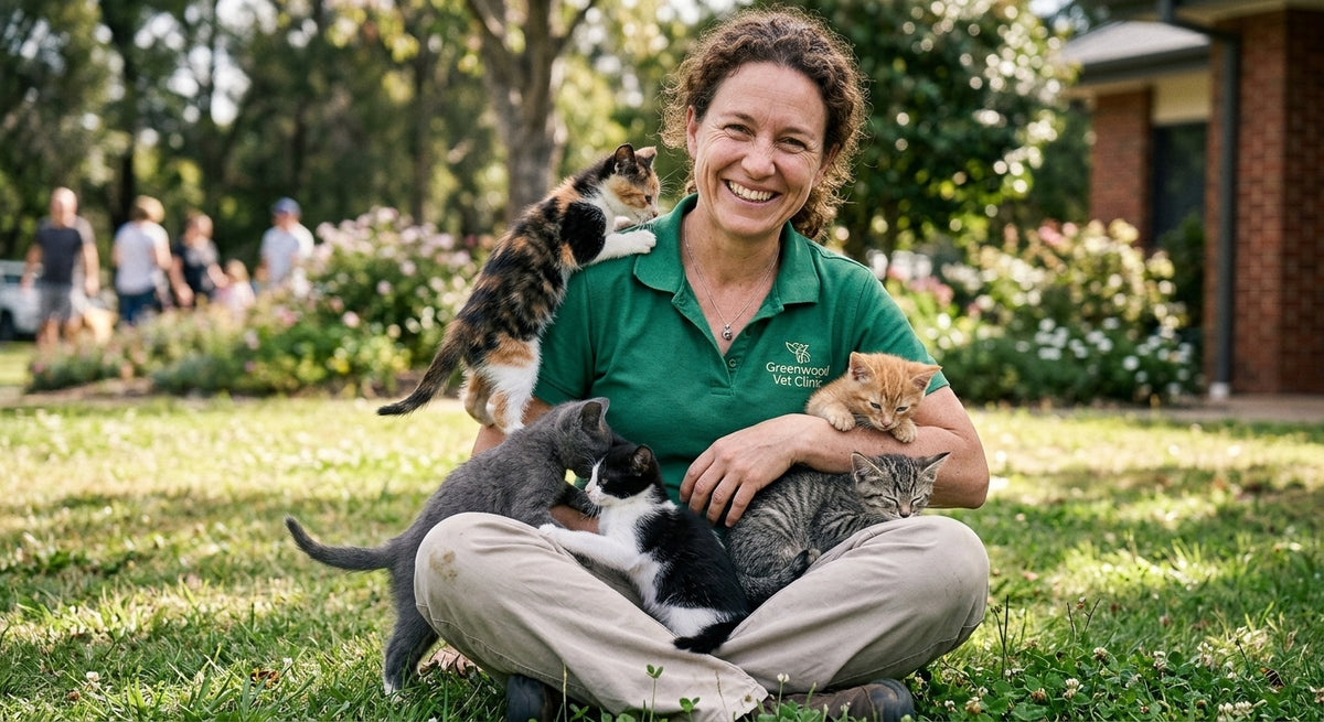 Veterinarian sitting on the clinic floor