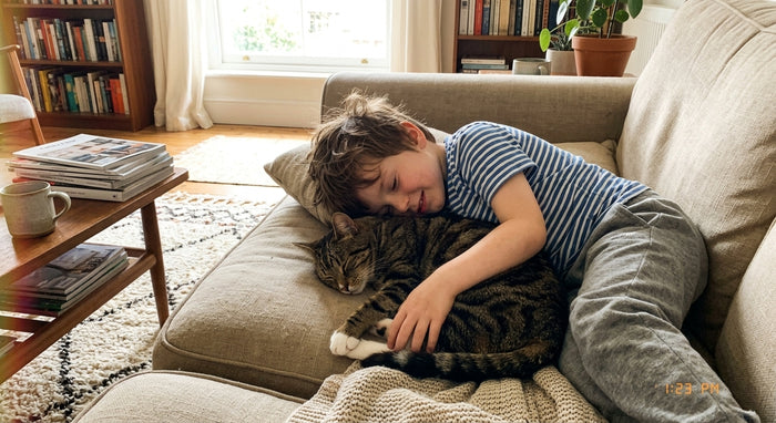 Woman holding a jar of AIM with her cat resting beside her